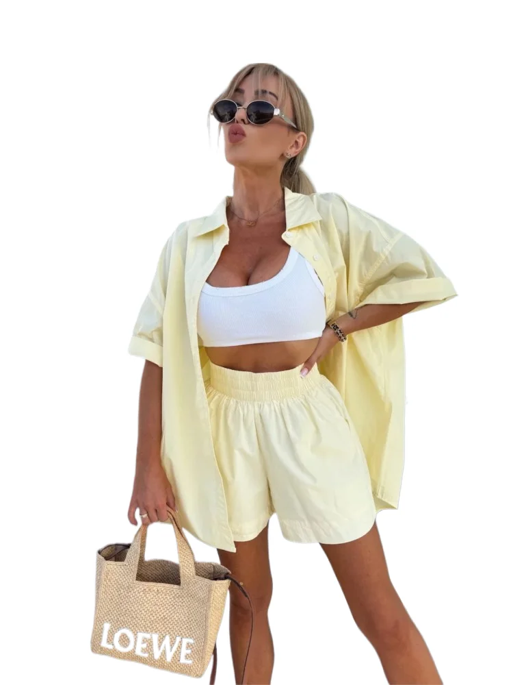 Женские рубашки и шорты с короткими рукавами для отдыха, простые однотонные свободные шорты, костюмы, летняя пляжная одежда, женский комплект из двух предметов