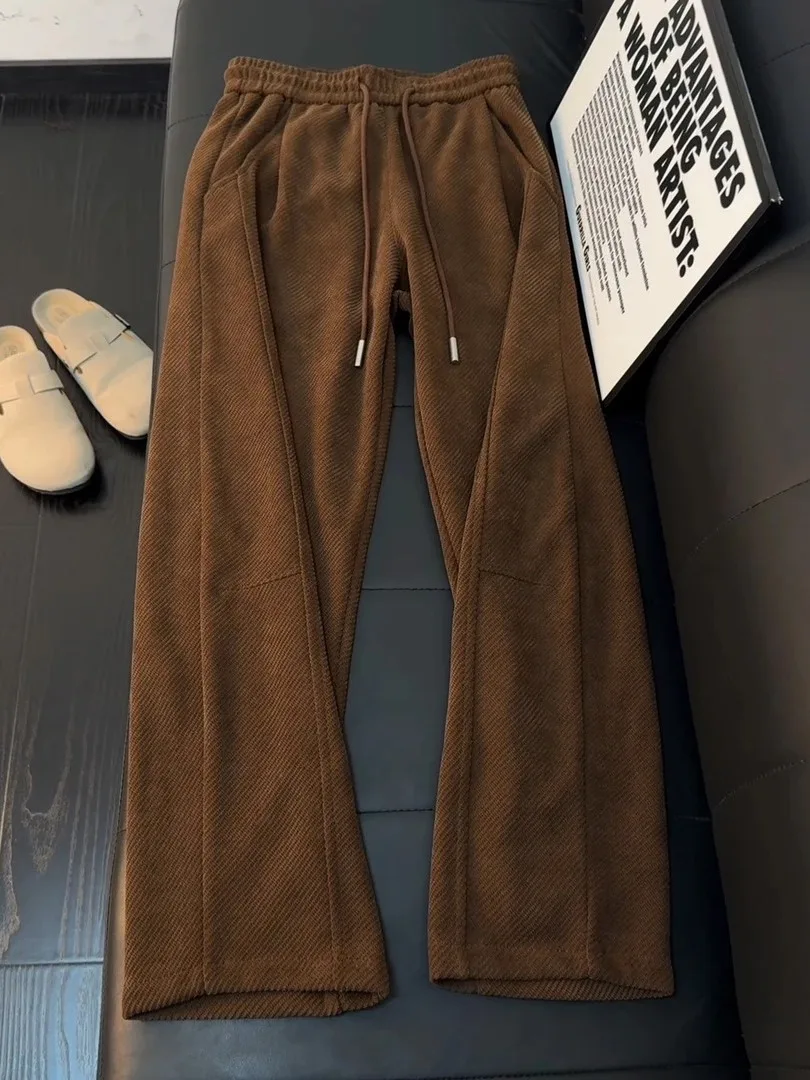 

Мужские повседневные вязаные брюки кофейного цвета, прямые тяжелые зимние брюки для отдыха, модные трикотажные брюки с боковым вырезом