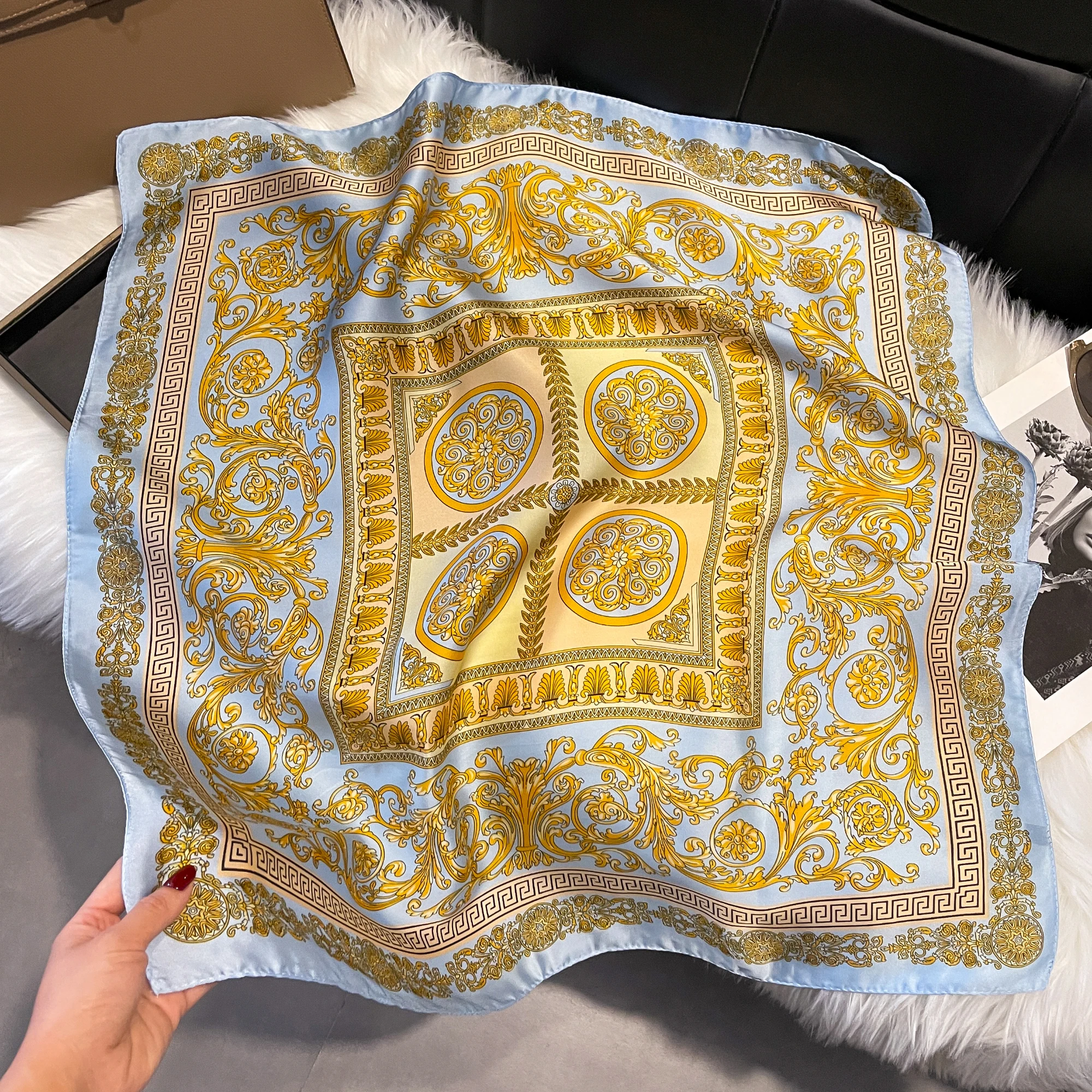 Luxury Fashion Print 70*70cm Silk Square Scarf Women Soft Satin Hairband Neckerchief Tie Female Headband Foulard Bag Ribbon