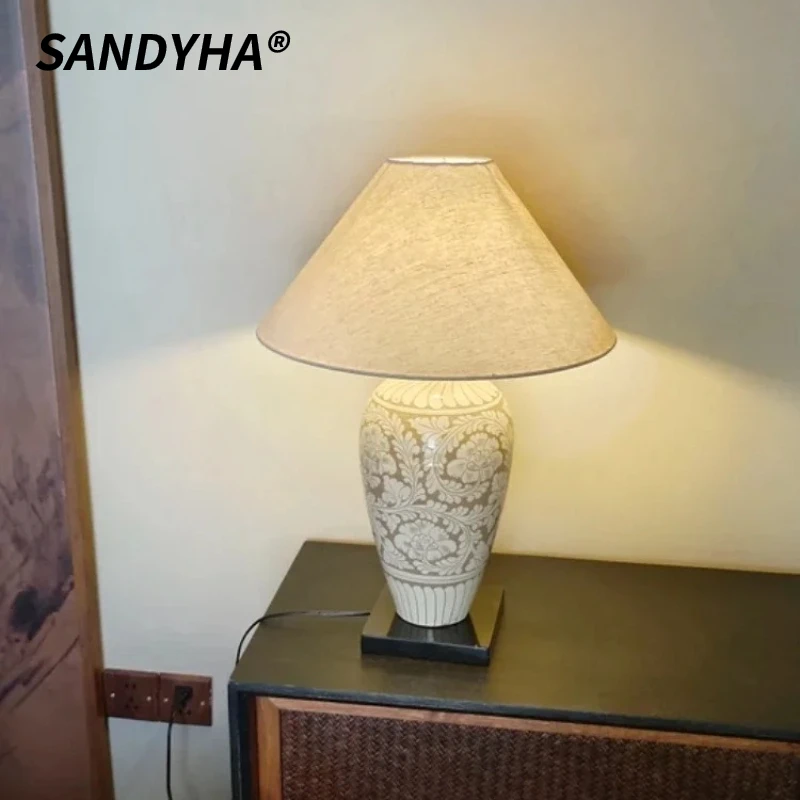 

SANDYHA Modern Chinese Style Ceramic Floor Lamp Classical Pattern Design LED Lamps for Living Room Decor Bedroom Desk Lighting