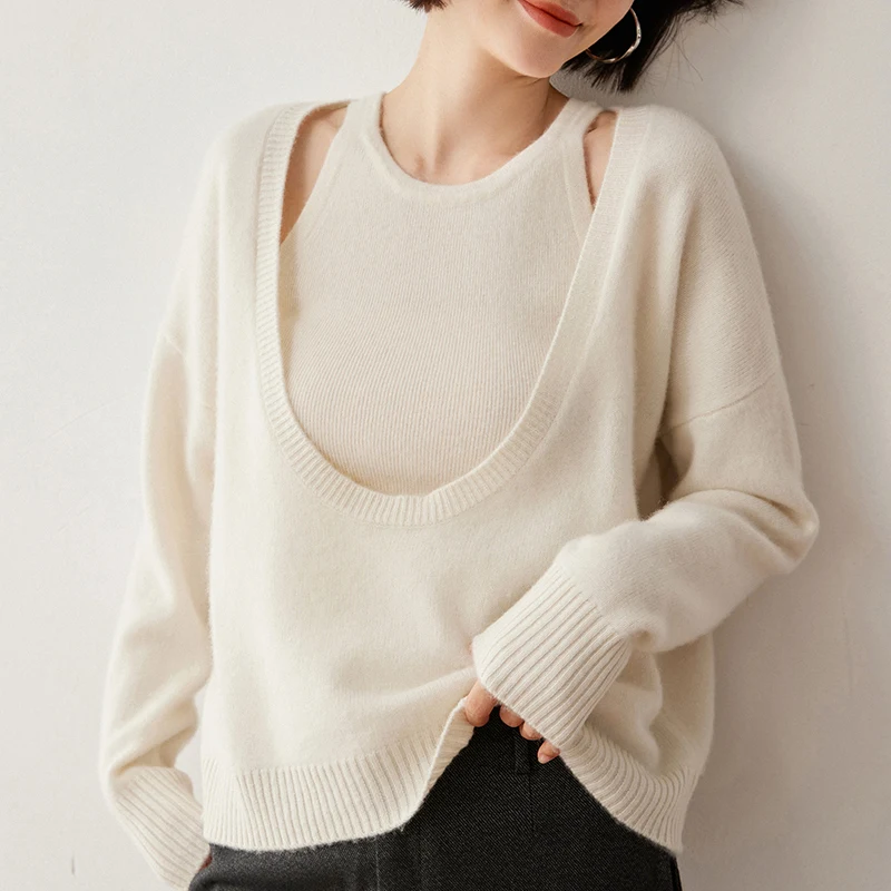 

Женский кашемировый свитер с глубоким U-образным вырезом и топом-халтером, комплект из 100% кашемира, высококачественный осенне-зимний вязаный комплект, топы