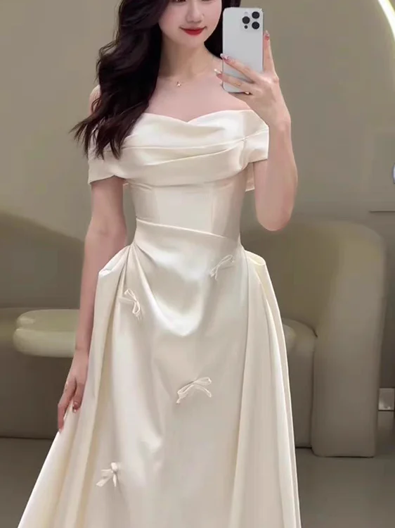 

Ele White Satin One-oulder Wedding Dr for Brides eeting Guests And Drinking Ceremony Long Evening Gown