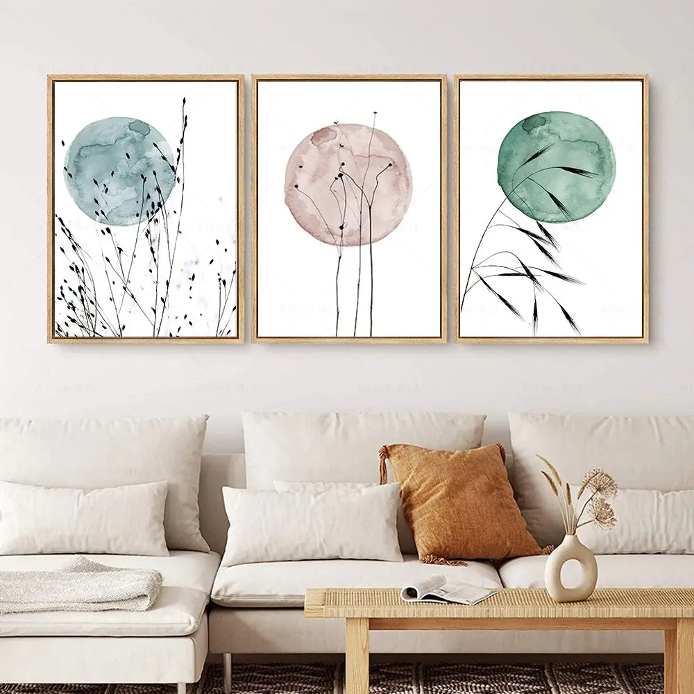 1PC  Green Wild Grass Moon Watercolor Canvas Painting Nordic Posters And Prints Minimalist Modern Wall Art Picture Living Roo