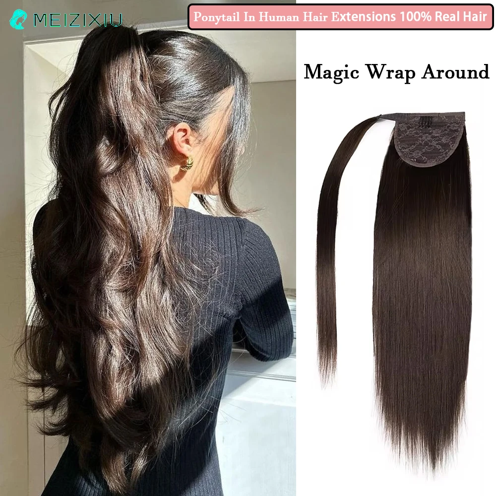 

Ponytail In Hair Extensions Magic Wrap Around Add Hair Real Hair PonyTail In Human Hair Extension For Women 22Inch Brown 2# 100g