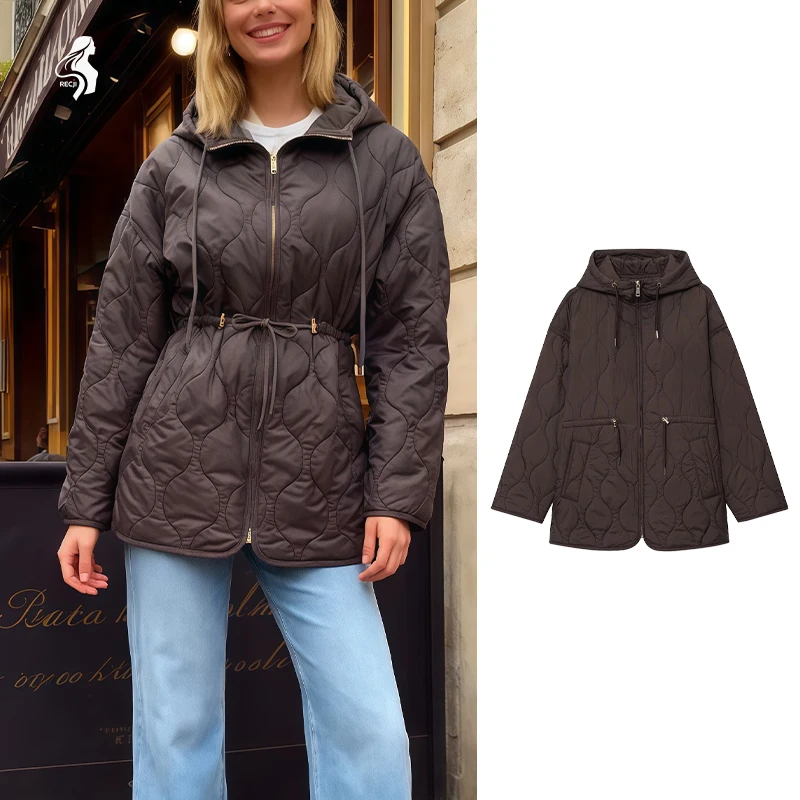 

Womens Fashion Quilted Hooded Cotton Jacket With Drawstring And Zipper Versatile Practical Suitable For Casual Winter Outfits
