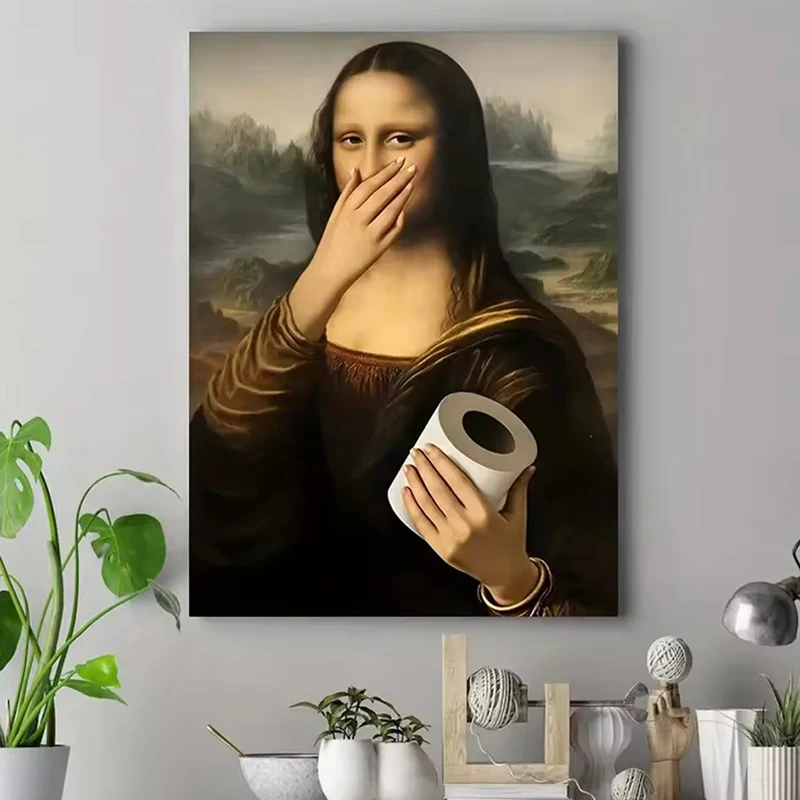 Humorous Bathroom Mona Lisa Hand-Held Toilet Paper Canvas Poster Printing Funny Bathroom Wall Art Paingtings for Rooms Decor