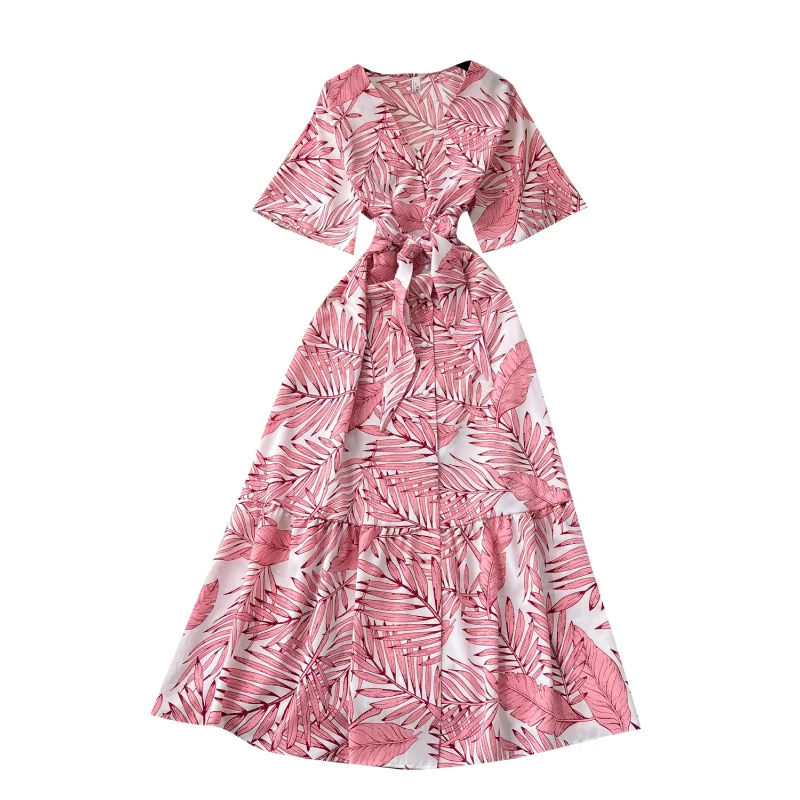 Boho women summer floral print v neck slim bandage long dress casual party high waist INS elegant beach holiday tunic dress