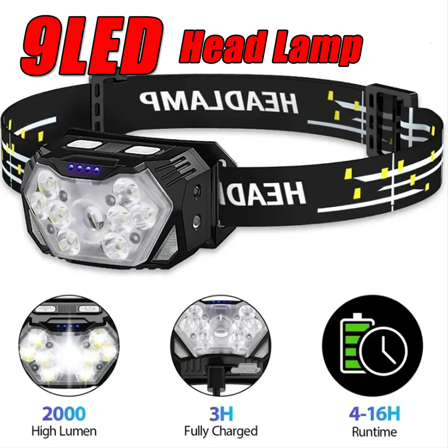 9 LED Strong Light Headlamp USB Rechageable Motion Sensor Headlight Portable Fishing Camping Outdoor Head Lamp Work Flashlight