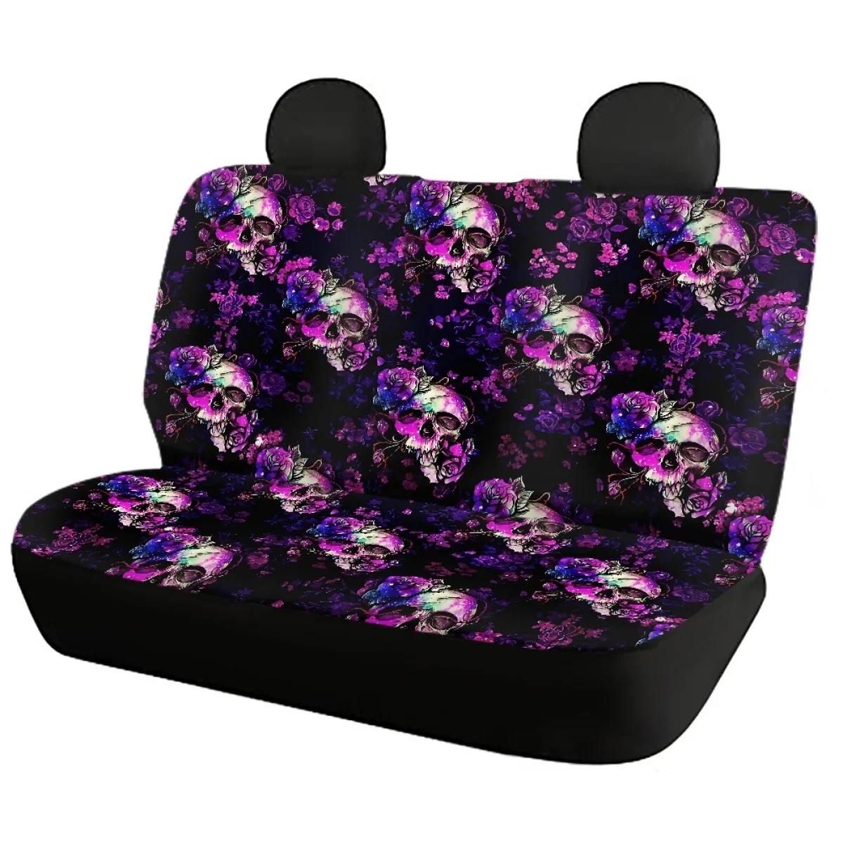 Universal Car Front and Back Seat Cover Set Purple Gothic Sugar Skull Flower Pattern Car Interior Decor Seat Cushion