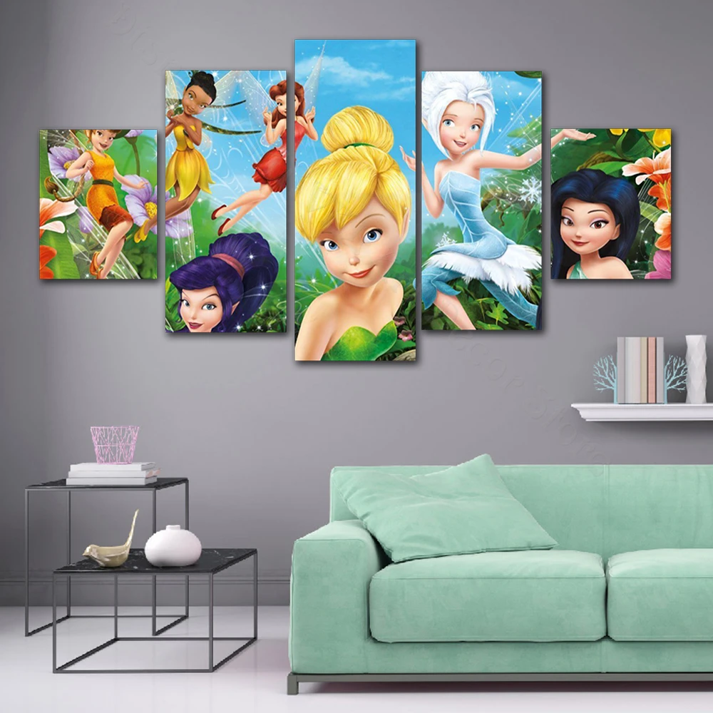 Disney Canvas Painting 5 Piece Tinker Bell Posters and Prints Cartoon Anime Wall Art Pictures for Living Room Home Decor