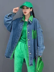 Vefadisa 2024 Autumn New Green Women Patchwork Denim Jacket Lapel Long Sleeve Irregular Coat Temperament All Match Coat ZXY745A