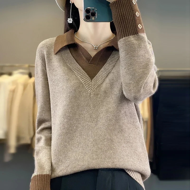 Maglione da donna colletto a V color block maglione finto in due pezzi camicia pullover morbida e confortevole per top a maniche lunghe da donna