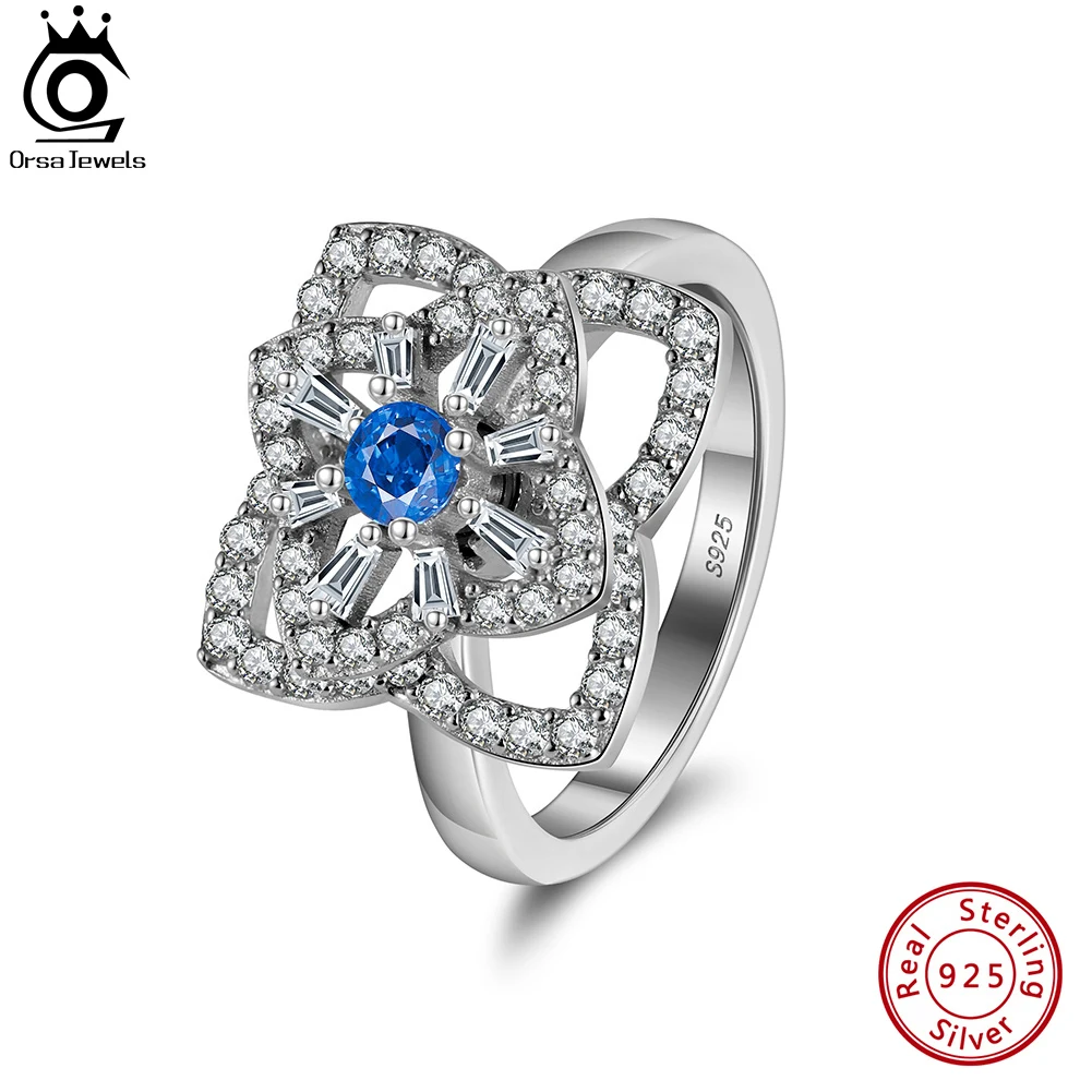 

ORSA JEWELS Rotatable Flower Shape Anxiety Rings 925 Sterling Silver 5A Blue Cubic Zirconia Rings Party Jewelry for Women LMR04