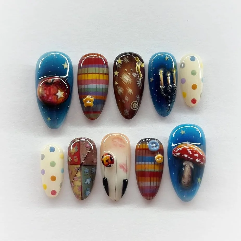 

24Pcs Mid-length Almond Press on False Nails Starry Sky Apple Mushroom Manicure Tips Colorful Polka Dot Plaid Wearable Fake Nail