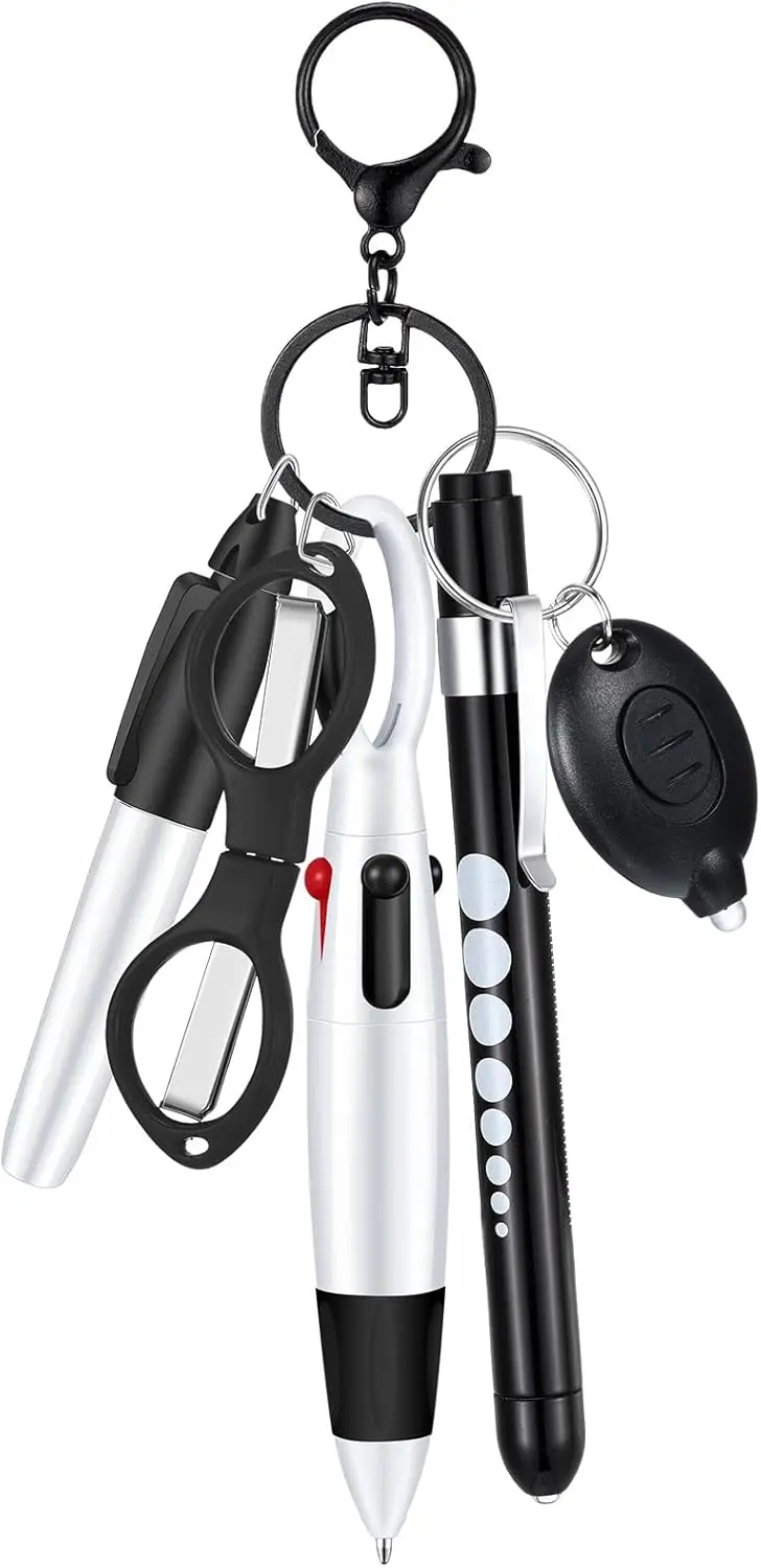 

6-Piece Nurse Pen Set with Retractable Ballpoint, Permanent Marker, LED Flashlight Keychain, Foldable Scissors, Keychain Clip - Black