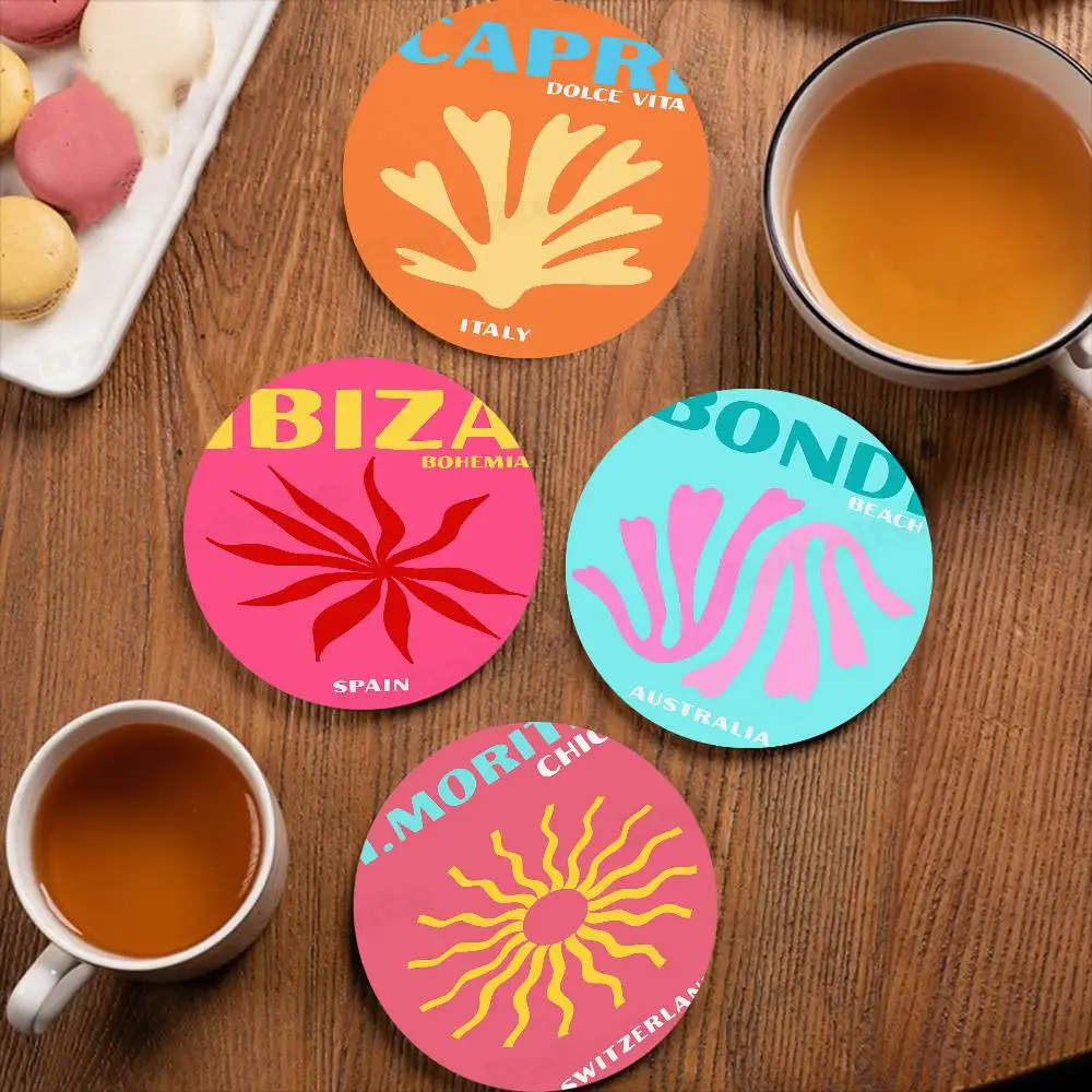 Miami Beach Ibiza Capri Bondi Mykonos Retro tapetes para tazas de madera elementos impresión en Color posavasos para tazas decoración de cocina para el hogar regalos