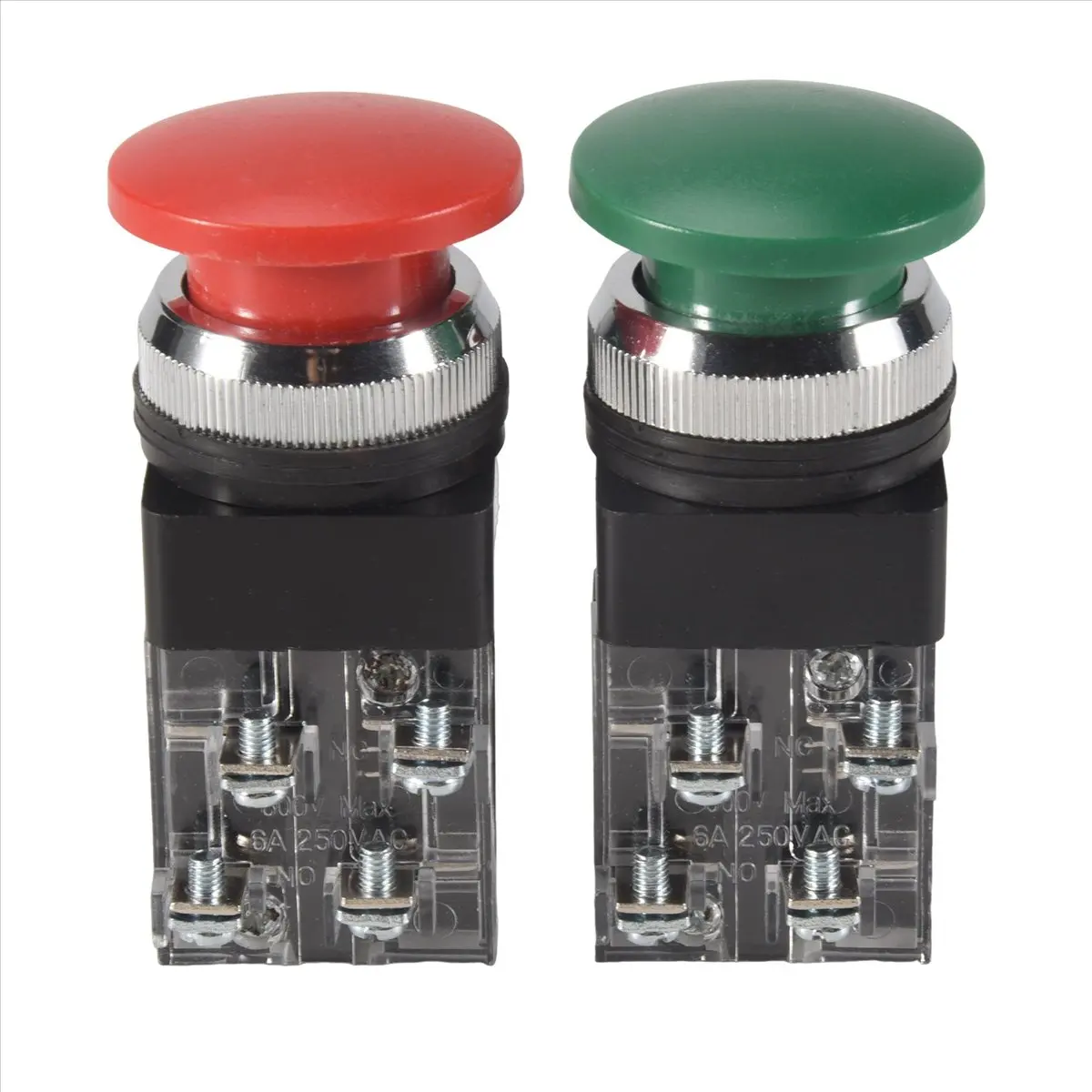 SWXF Red Green AC 250V 6A DPST Momentary Mushroom Head Push Button Switch