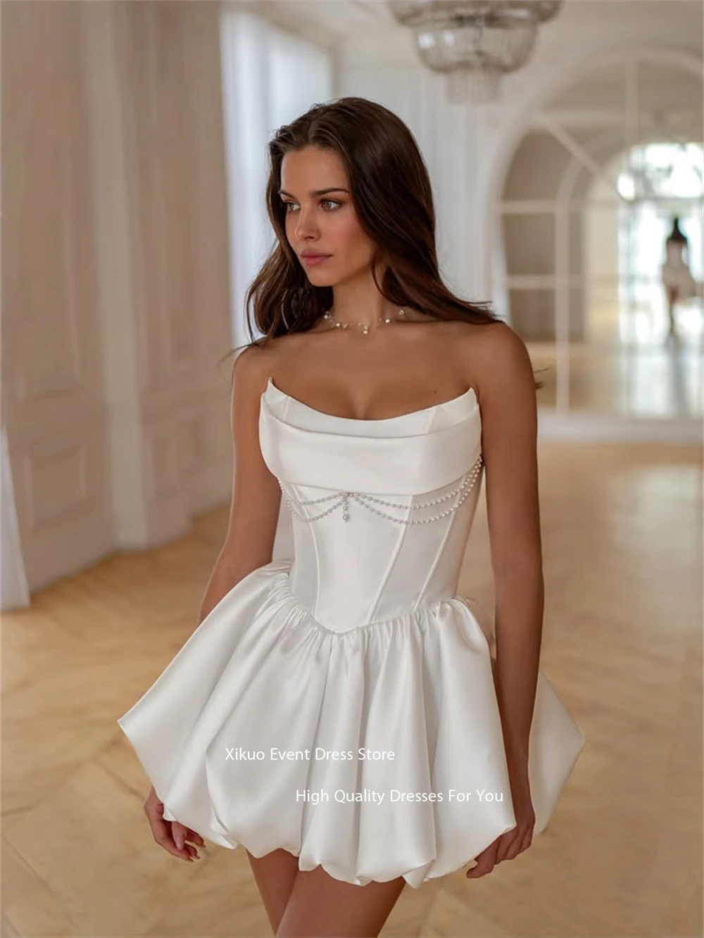 Xikuo Pearls A Line Pleated Wedding Dress Elegant Satin Civil Modern Bridal Gowns White Strapless Homecoming Dresses Customized