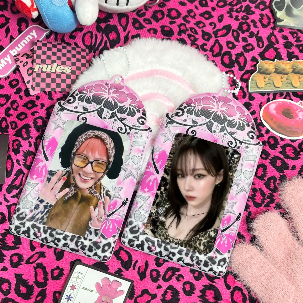 

Personality Pink Leopard Print Fu Sang Flower Card Holder,PU material,Apply To3-3.5in Idol Merchandise Pc Holder Storage Show