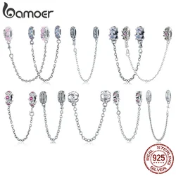 Bamoer 925 Sterling Silver Rose Flower Garland Safety Chain Pink Heart CZ Stopper Charms for Women Bracelet DIY Fine Jewelry