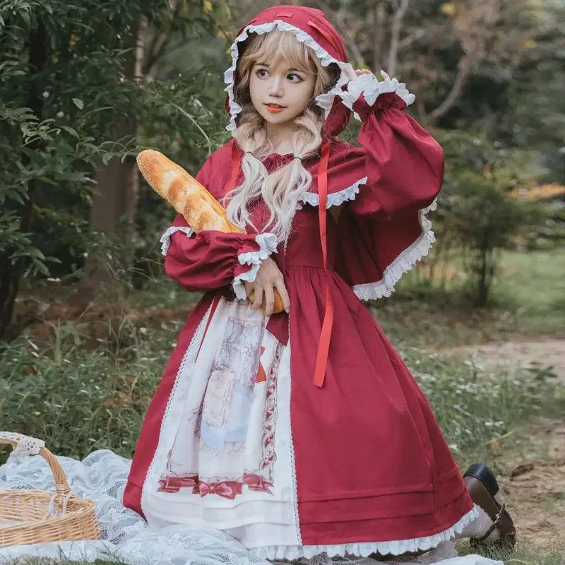 NONSAR Japanese Lolita Vintage Dress Set Women New Year Party Cosplay Costume Red Cute Bow Printed JSK Dresses with Hooded Shawl