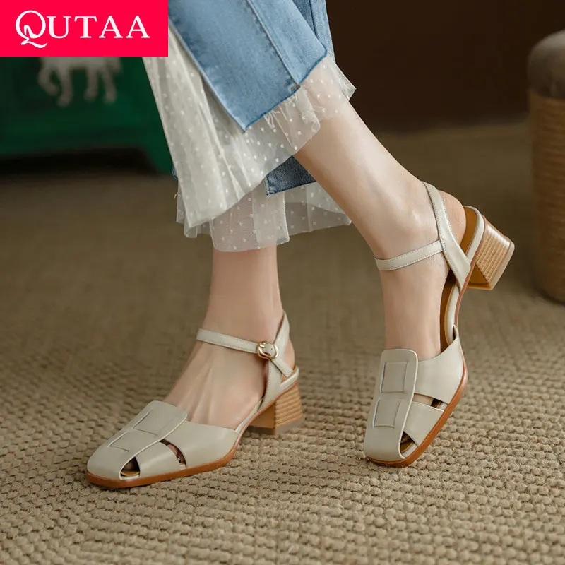 QUTAA 2022 Genuine Leather Casual Sandals Square Med Heel Platform Summer Women Shoes Ankle Strap Buckle Female Pumps Size 34-40