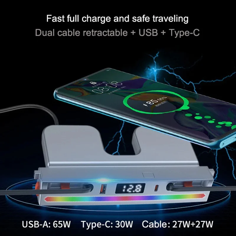 For Tesla Model 3 Highland Retractable Cable HUB Model Y Juniper 60W Fast Charger USB Docking Station LED Display Ambient Light