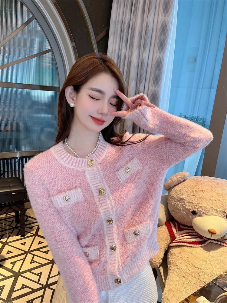 Pink Sweet Women Sweater Streetwear Autumn Fashion Cotton Elegant Casual Simple Office Ladies Knitted Sweater Cardigan