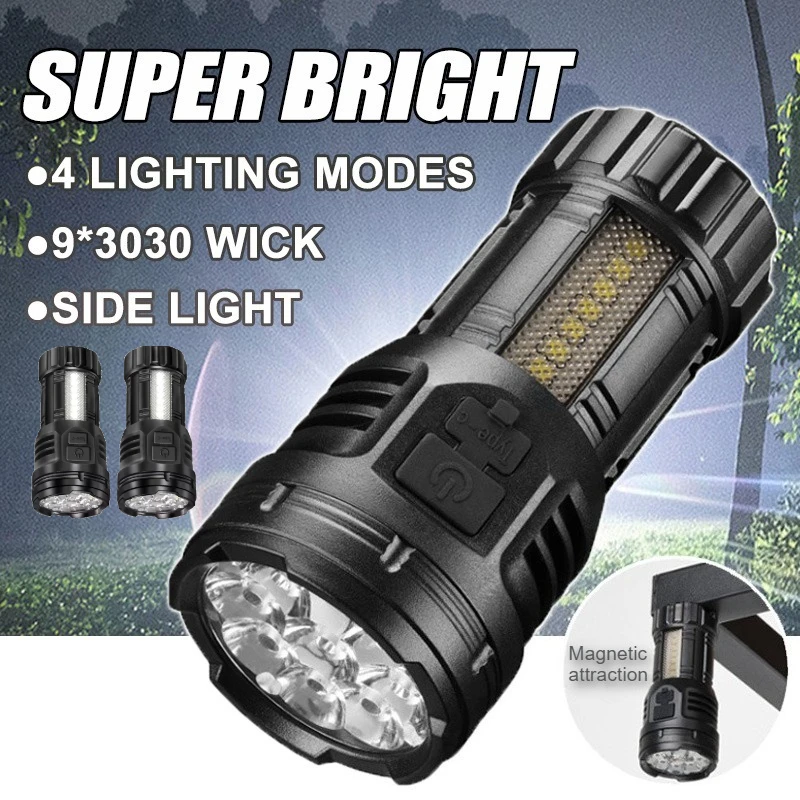Super Bright 9LED Flashlight with COB Side Light Tactical Torch USB-C Rechargeable Camping Lantern for Outdoor Emergency Hiking
