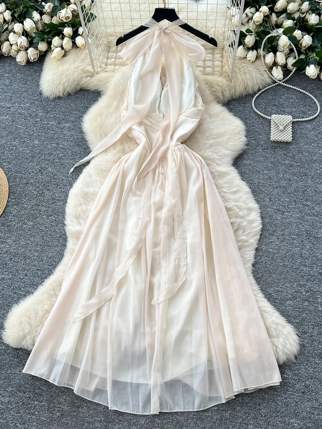 فستان طويل بتصميم ثلاثي الأبعاد مع زهور معلقة على الرقبة، مشبك خصر داخلي، ظهر مفتوح، تنورة على شكل A، ستايل كوري للتنقل اليومي. #5