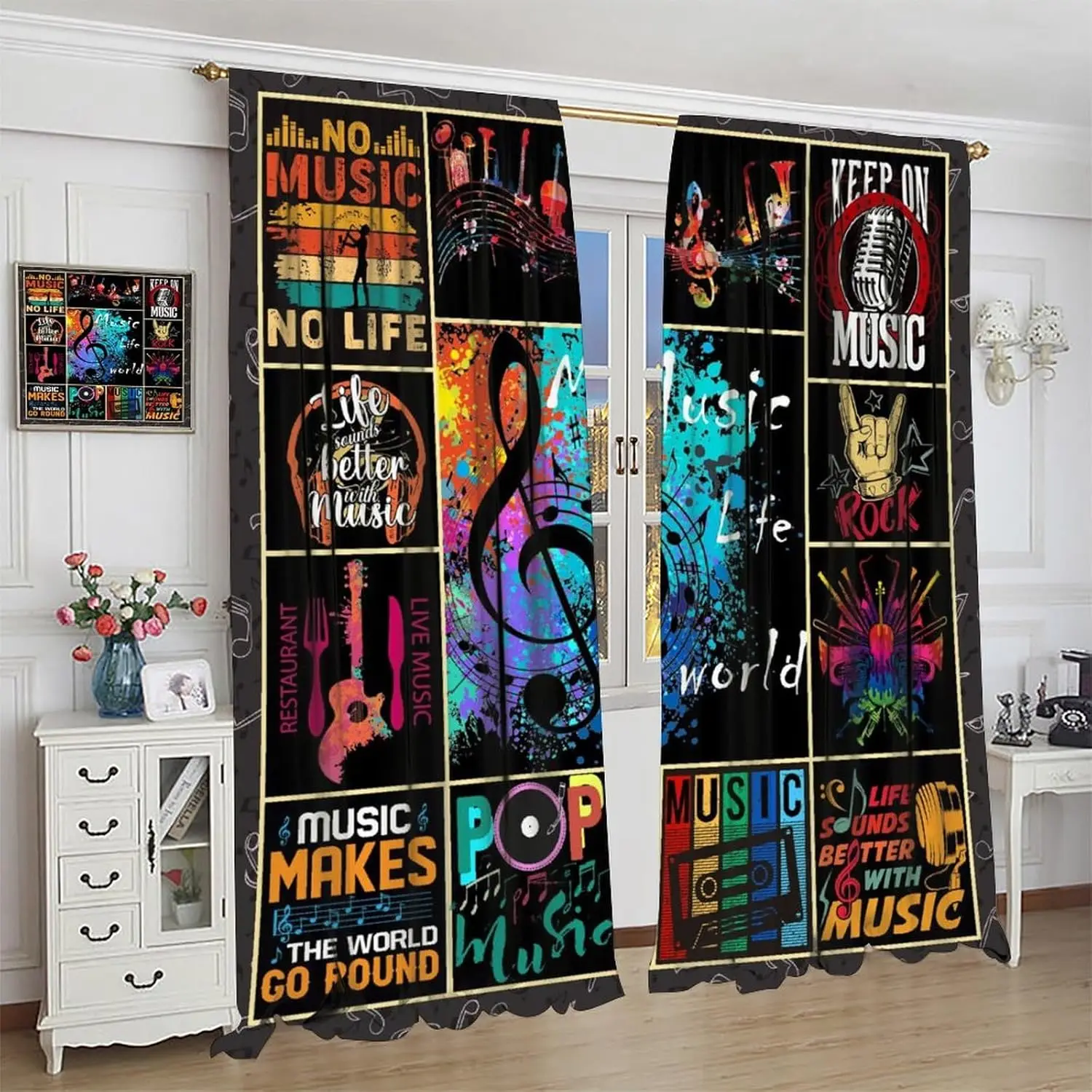 Music Note Curtains for Music Lovers,Rock and Roll Adults Kids Music Themed Art Window Treatments Bedroom Living Room Musical