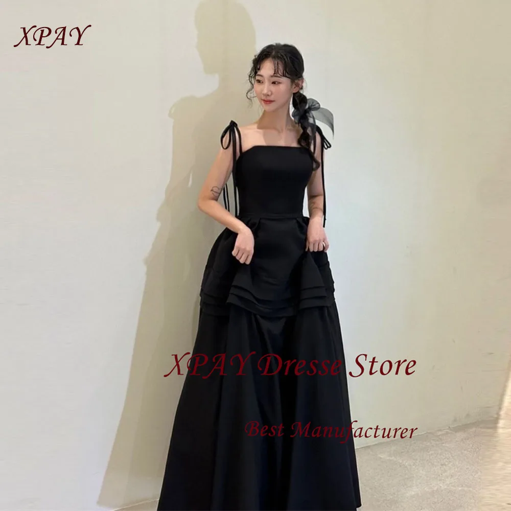 

XPAY Black Evening Dresses Wedding Receiption Dresses Korea Photo shoot Straps Matte Satin Formal Party Dress Corset Customized