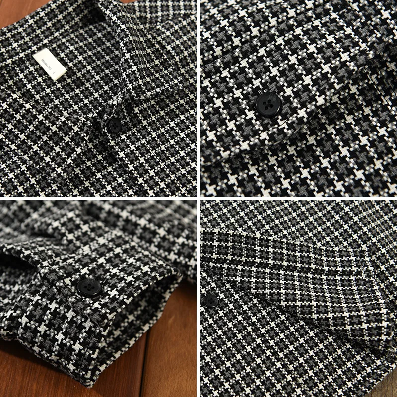 Autumn New Cargo Fine Plaid Shirts for Men Clothing Retro Loose Cotton Casual Solid Color Streetwear AZ222