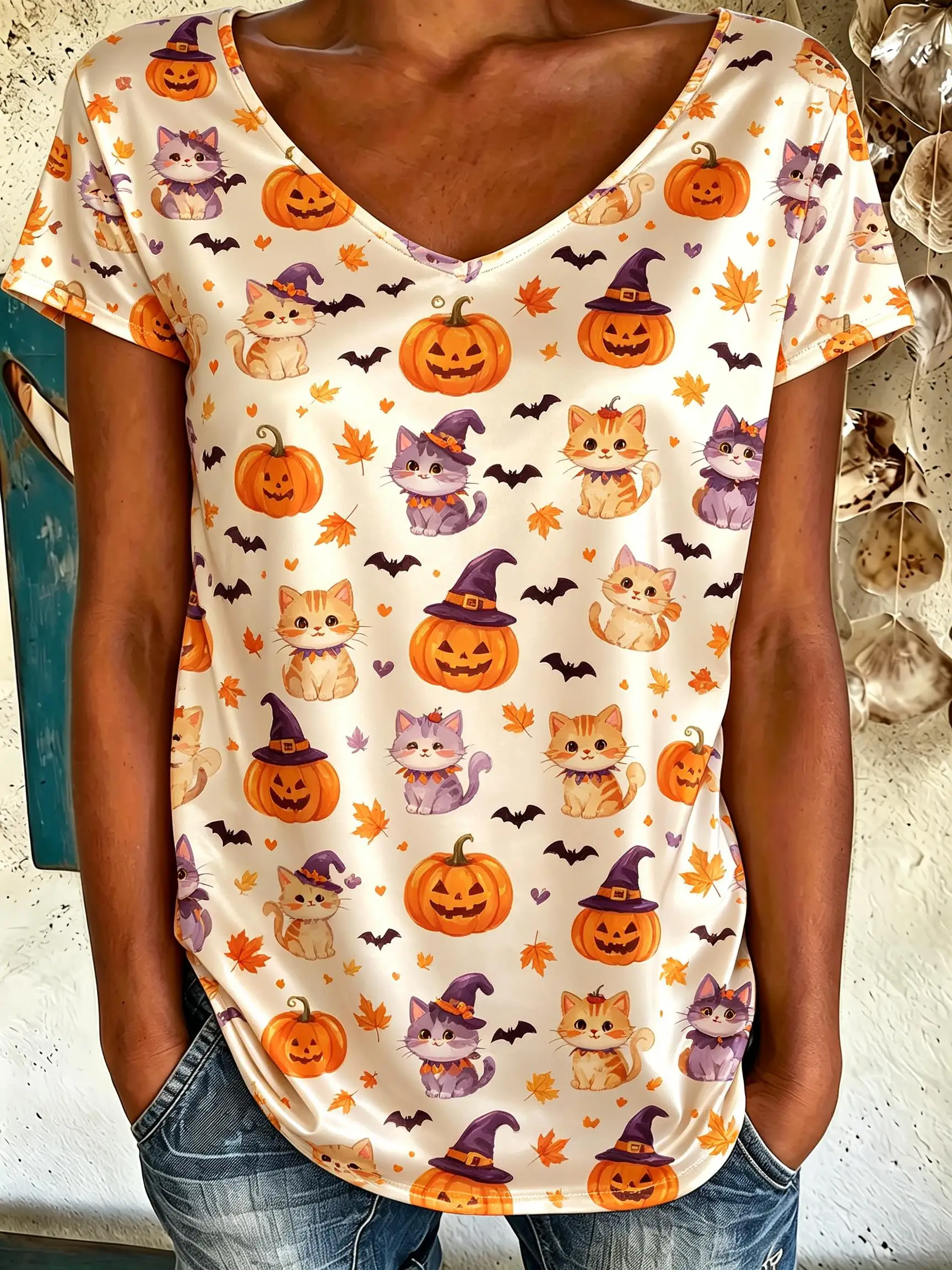 Women V‑Neck Short Sleeve T‑Shirt Halloween Pumpkin Cat Ghost Castle Print Tee Holiday Party Casual Fashion Ladies Top
