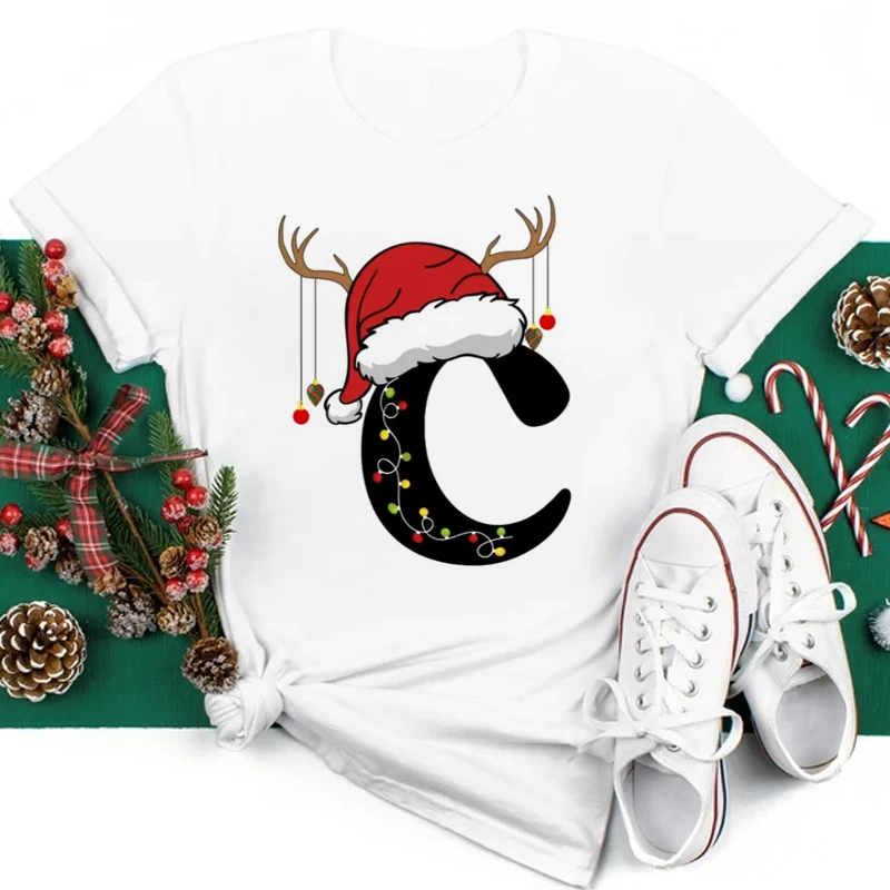 

Christmas 26 Letter A~Z Alphabet T Shirt Women Casual Fashion T-shirt Short Sleeve Christmas Party Aesthetics loose T-shirt Top