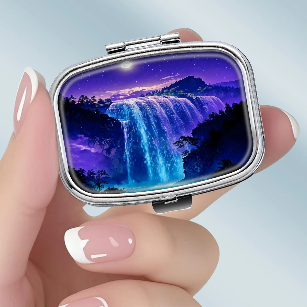 1PC compact 2-compartment square metal pill box, featuring a starry night waterfall design in a fantasy purple night waterfall style, portable decorative vitamin storage box, or a unique gift for your wallet