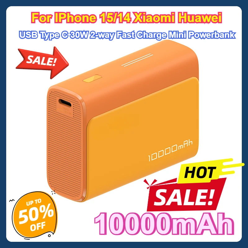 

For IPhone 15/14 Xiaomi Huawei Power Bank 10000mAh Pocket Version USB Type C 30W 2-way Fast Charge Mini Powerbank