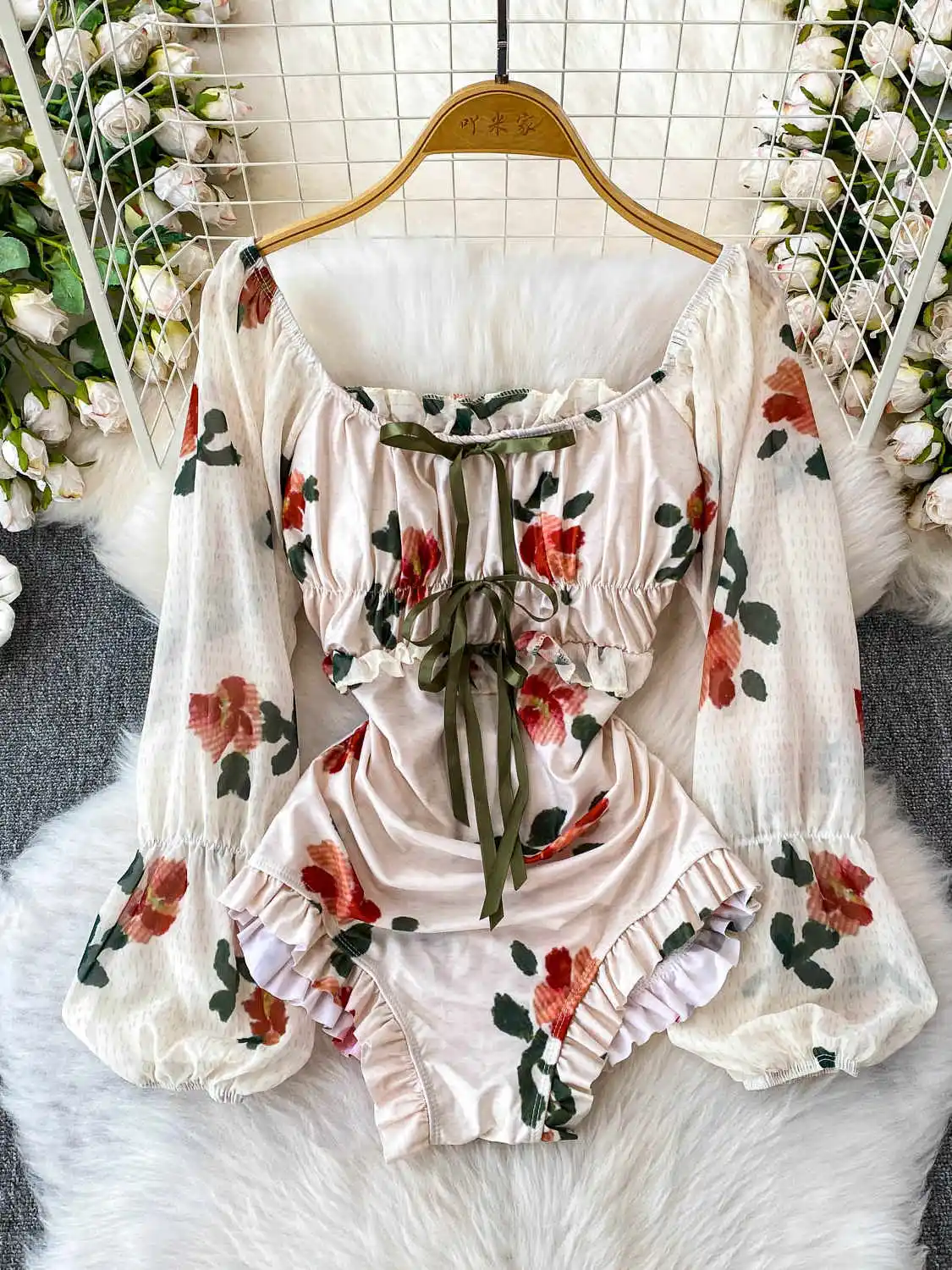 

Women's Light Pink Bodysuits Swimsuit Bikini Flower Print Long Sleeve One-piece Swimwear Bathing Beach Wear Swimming Dress 2025