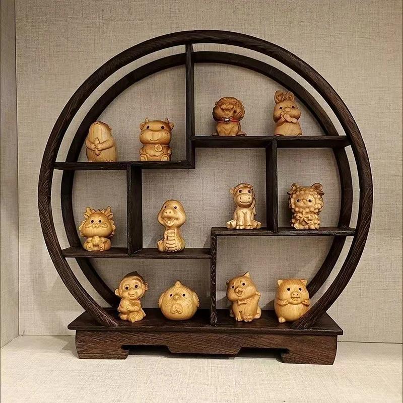 Wooden The Twelve Chinese Zodiac Signs Animal Sculptures Figurines Cute Home Room Office Decorative Small Model Suit