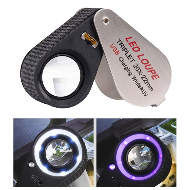 

10X 20X 30X Rechargeable Magnifier with 7 LED UV Light Jewelry Diamond Magnifying Glass Folding Loupe Magnifier Optical Glass