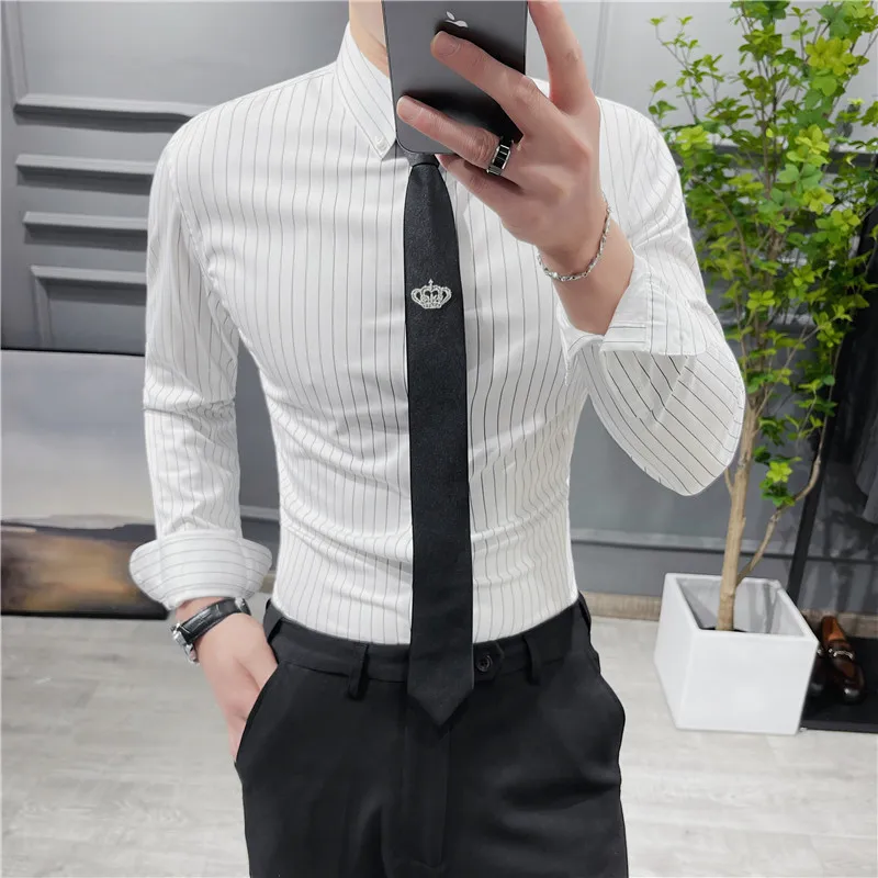 High Quality Slim Fit Striped Shirts Men Clothing 2022 Long Sleeved Luxury Business Casual Formal Dress Shirts Streetwear Hommes