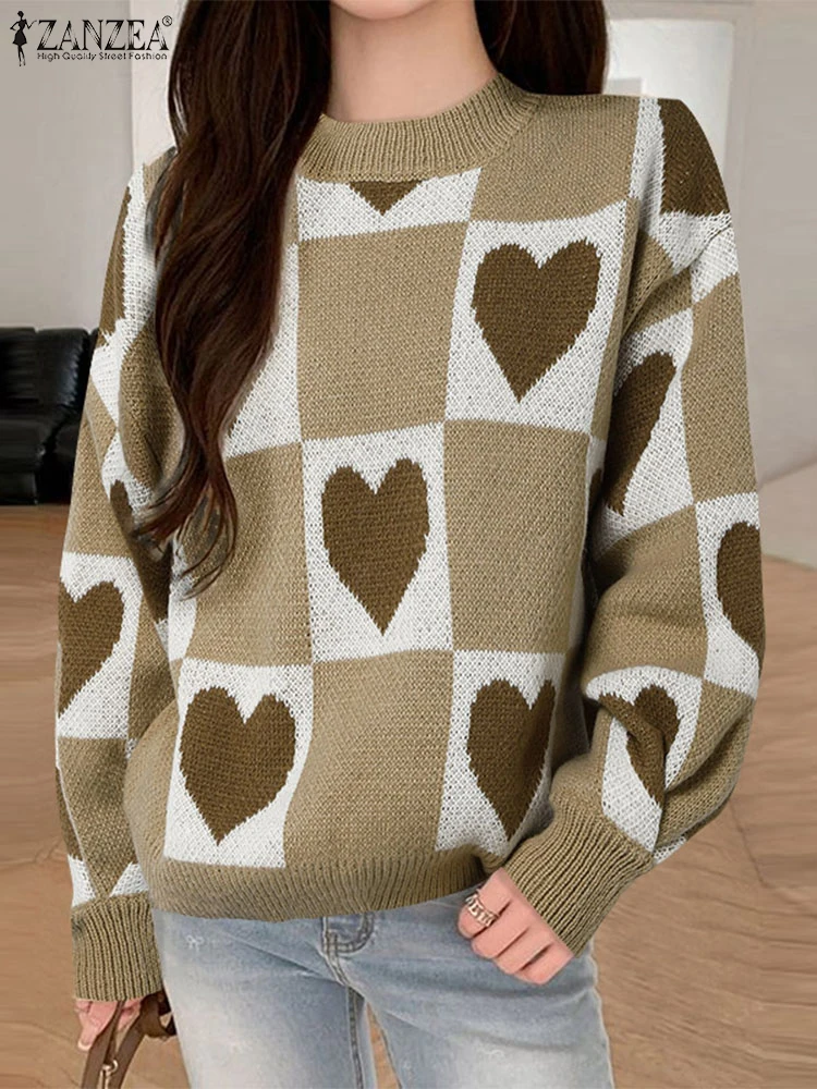 

ZANZEA Cute Heart Knitted Sweaters Women Loose Fit Checkerboard Pullovers Round Neck Long Sleeve Color-Block 2025 Fall Fashion
