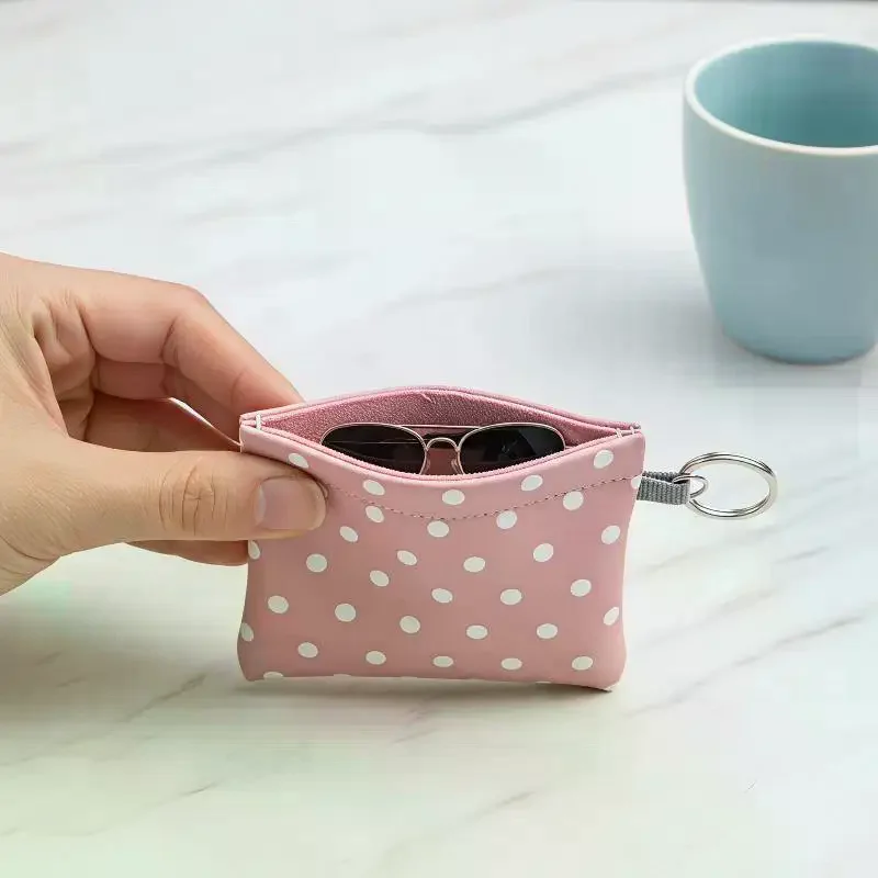 Polka Dot PU Leather Coin Purse Slim Portable With Attached Key Ring Holds Coins Lipsticks Small Essentials