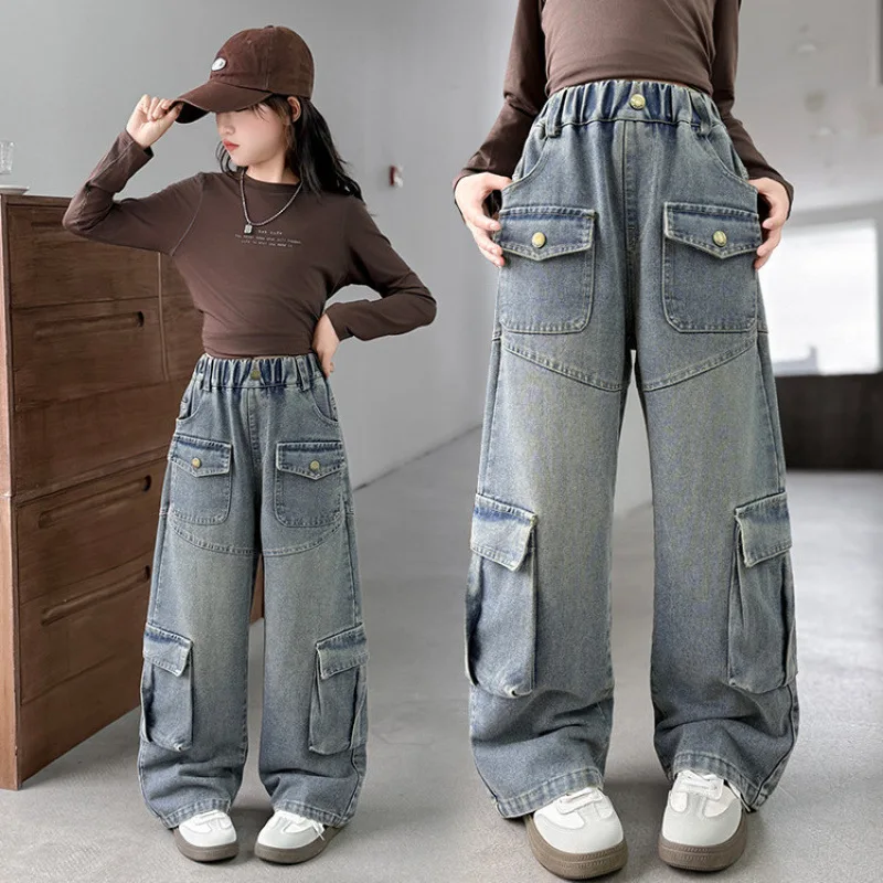

New Arrival Children Loose Straight Cargo Jeans with Multi Pockets for Teens Girls Fashion Casual Blue Denim Pants Kids Age 4-14