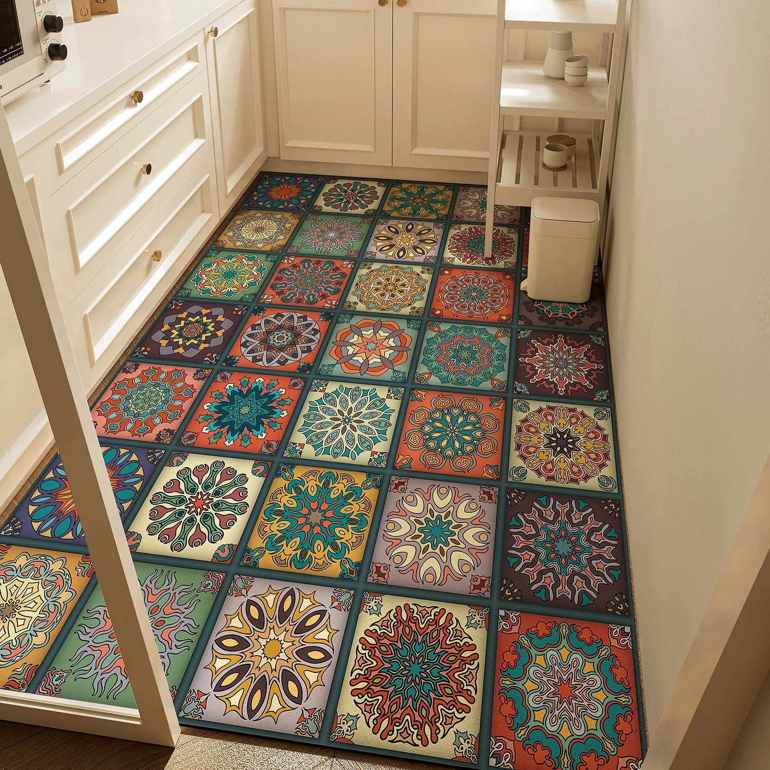 Anti-slip Kitchen Floor Mat Vintage Azulejo Tile Carpet Home Decoration Dirty Resistant Oil-proof Washable PVC Leather Rugs 주방매트