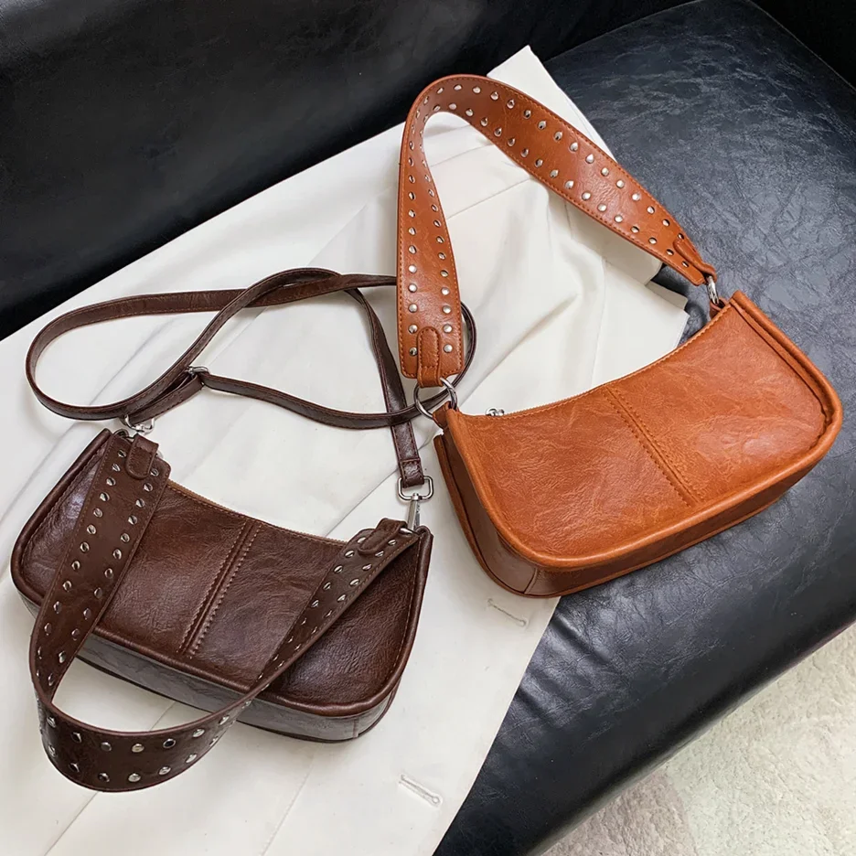 Retro PU Leather Women Shoulder Bags Y2K Studded Decor Underarm Bag Vintage Solid Color Ladies Crossbody Bag Designer Small Tote