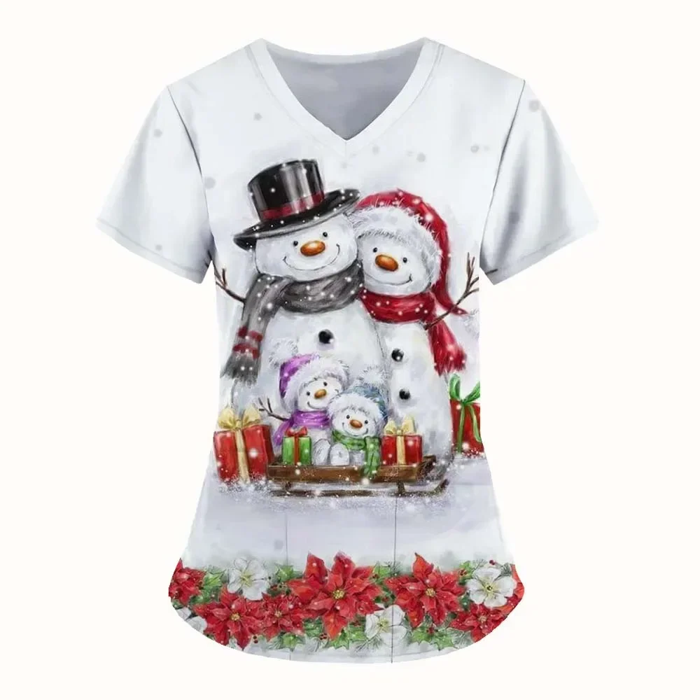 

Christmas Nurse Uniform Fashion Women's snowman 3D Printed Short Sleeve V-neck Santa Claus Work Uniform Medical Work Uniform