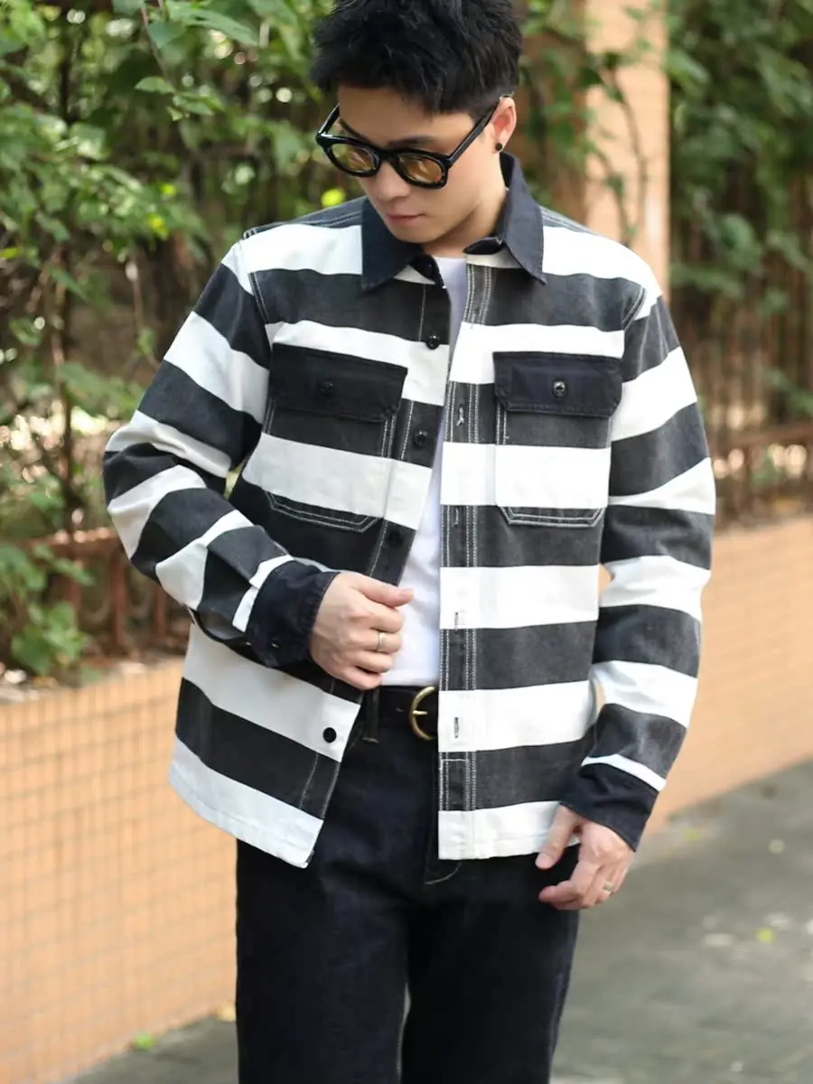 

American Retro 6oz Heavyweight Canvas Bla And White Striped Collar Jaet Autumn Patchwork Workwear Ameika Jaet