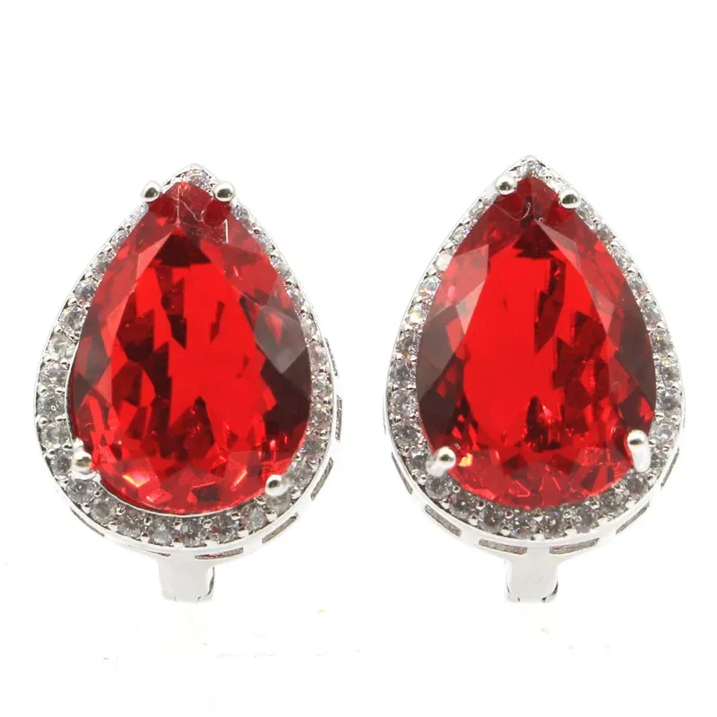 

22x16mm Lovely Cute Drop Shape Red Blood Ruby White CZ Females Wedding Silver Stud Earrings