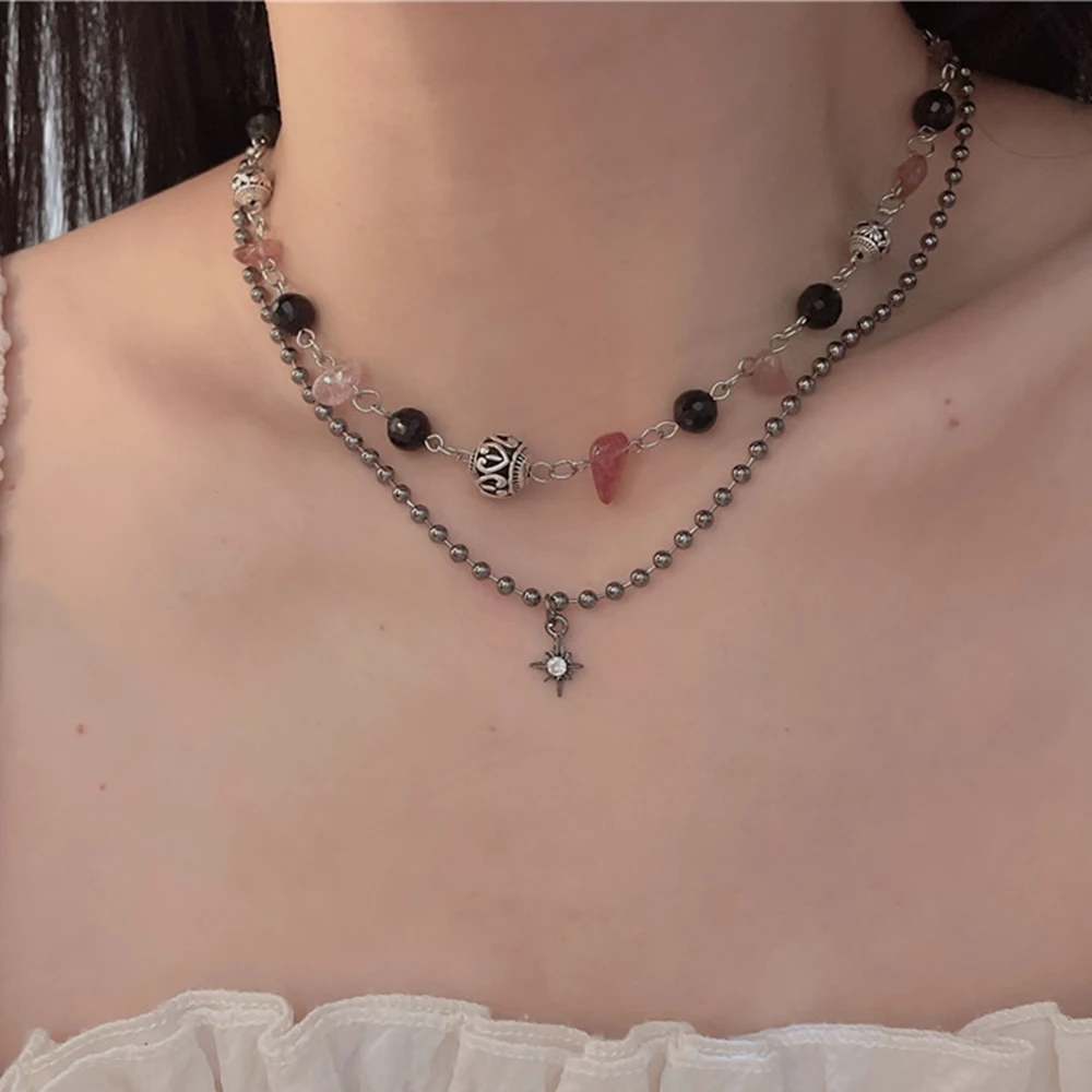 Yupsk 2-teiliges Set Vintage Friedensschnallen-Anhänger Gestapelte Halskette Natursteinperlen Ketten Choker Halsketten-Set für Frauen und Mädchen – Detail 7
